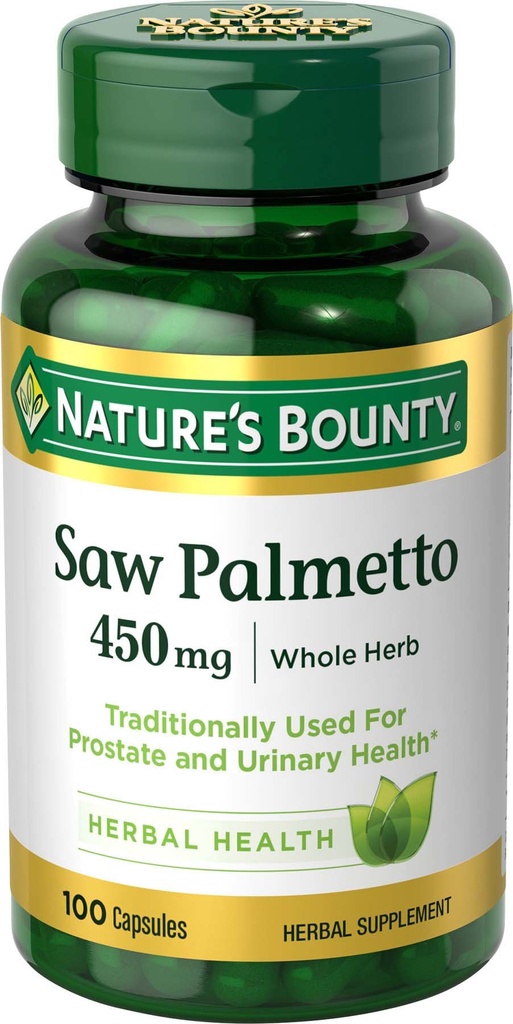 Natura's Bounty Saw Palmetto, Herbal Health Supplement, Prostate si sanatate urinara, 450 mg, 100 capsule