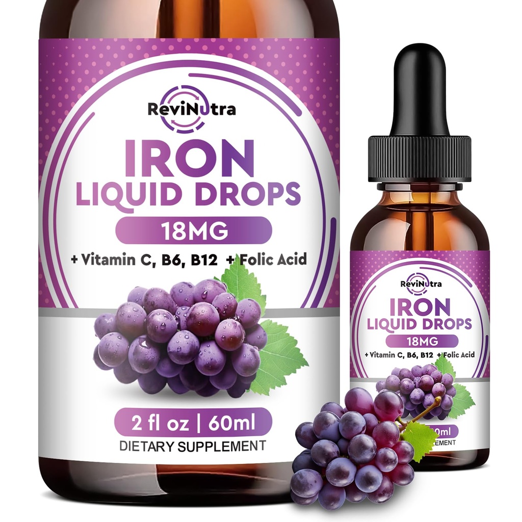 Supliment de fier lichid pentru femei, Bărbaţi şi copii - Picături de fier lichid cu Folat, Vitamina C, B6, B12 pentru anemie, Celula roşie de sânge, Suport energetic - Aroma de struguri, 2 Fl Oz