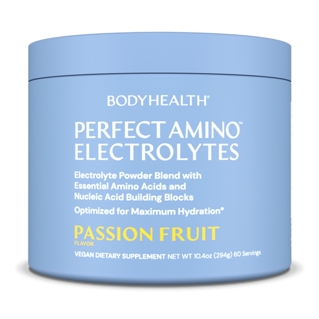BodyHealth Perfect Amino Electroliti Pulbere Nu Zahăr, Hidratare Fasting Keto Zero Electroliti Zahăr Băutură Mix cu Minerale Trace - Fructul Pasiune - 60 Serviri