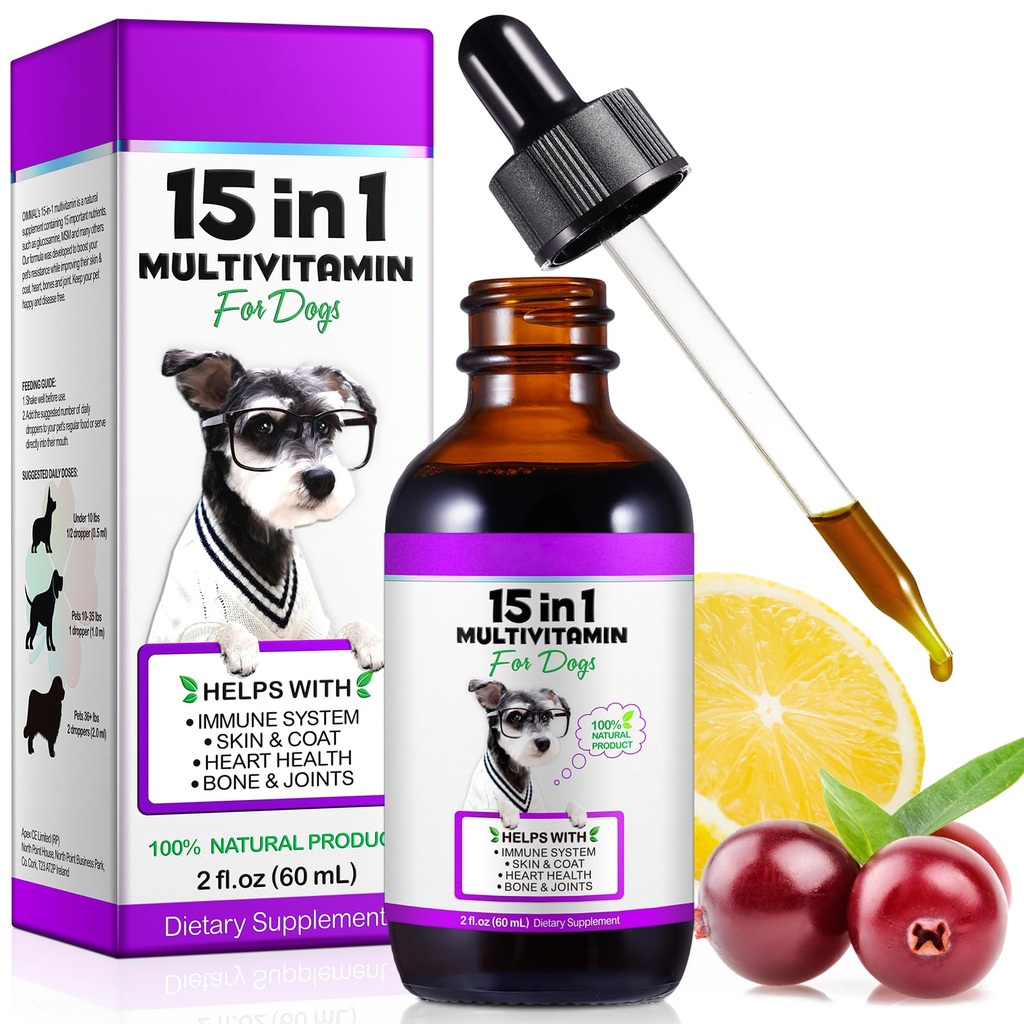Câine Multivitamine,15 la 1 câine Multivitamine Picături lichide Suplimente, Vitamine de câine pentru Heart Health, Oase, comun, Piele & Coat, Bladder, Suport Sistem imunitar 60ml