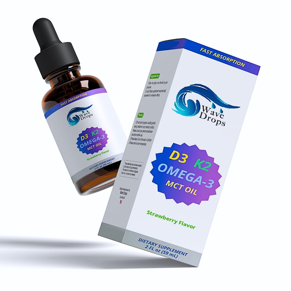 Concentrație maximă Vitamina D3 și K2 + MCT Ulei & Omega 3: picături lichide pentru sistemul imunitar, funcția cerebrală și energie (fără file, non-GMO, 2 Fl Oz)