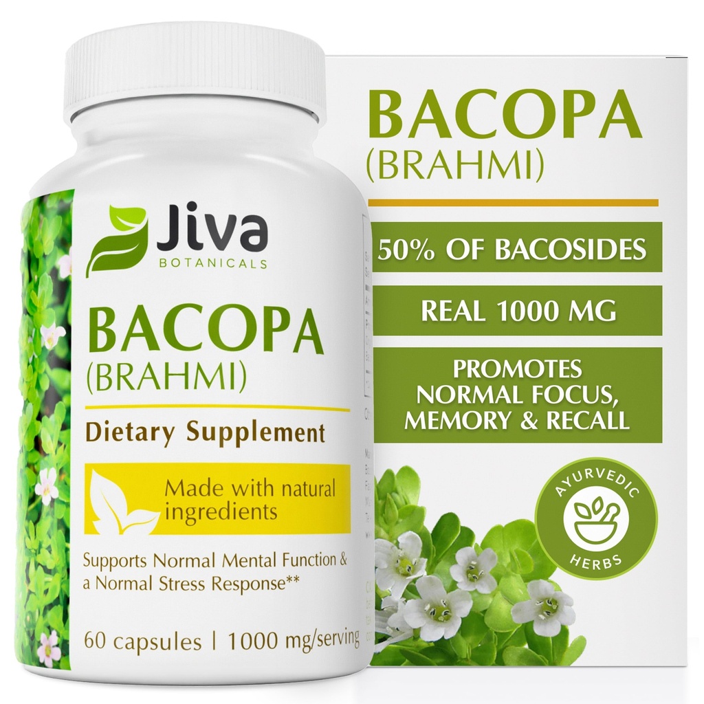 Jiva Botanicals Bacopa Monnieri Supliment Pure 1000mg per Servire - Mare potenta Bacopa Monnieri (Brahmi) & Extract pentru Creier Normal, Focus, & Memorie Suport - Herbs Ayurvedice - 60 Capsule