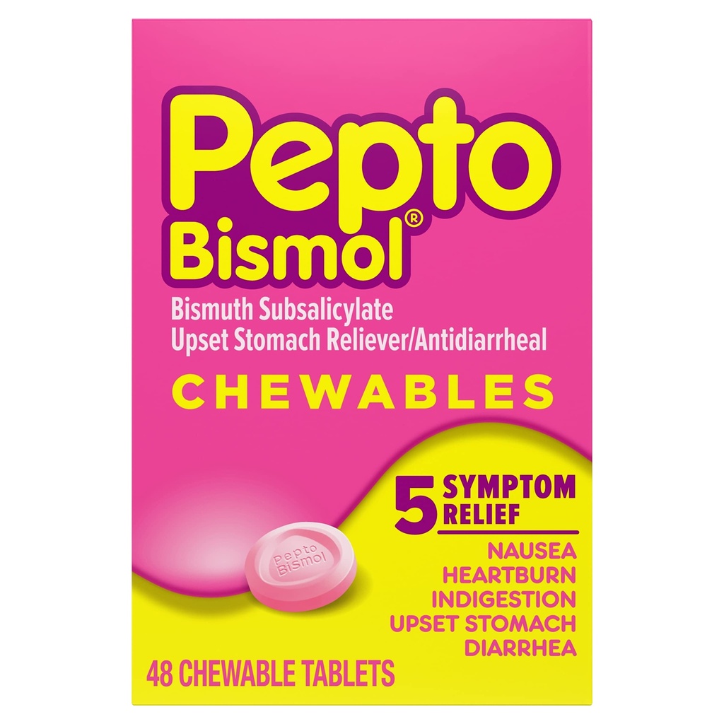 Comprimatele de Pepto Bismol masticabile pentru greaţă, arsuri la stomac, indigestie, stomac şi diaree - 5 Simptom Relief rapid, aroma originală, 48