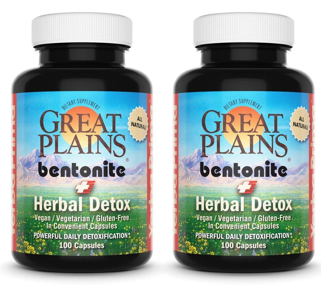 Yerba Prima Great Plains Bentonite Clay Caps Plus Herbal Detoxifiere (Pachet de 2) - Alimente de grad - Ficat & Colon Curăța capsule supliment