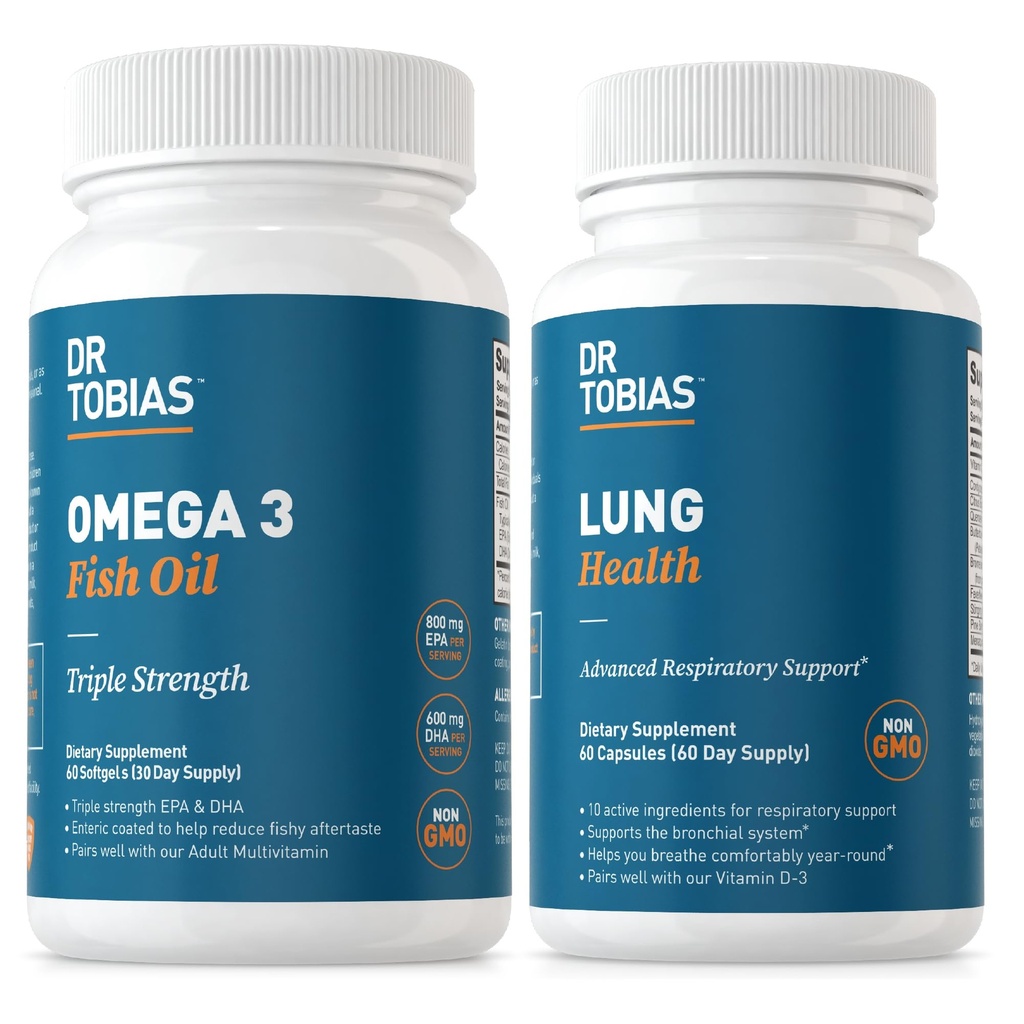 Dr. Tobias Omega 3 Oil & Lung Health Suplimente pentru inima, Brain & Immune Support, Lung Cleanse & Detox Formula pentru Bronchial & Respirator System, 60 Capsule