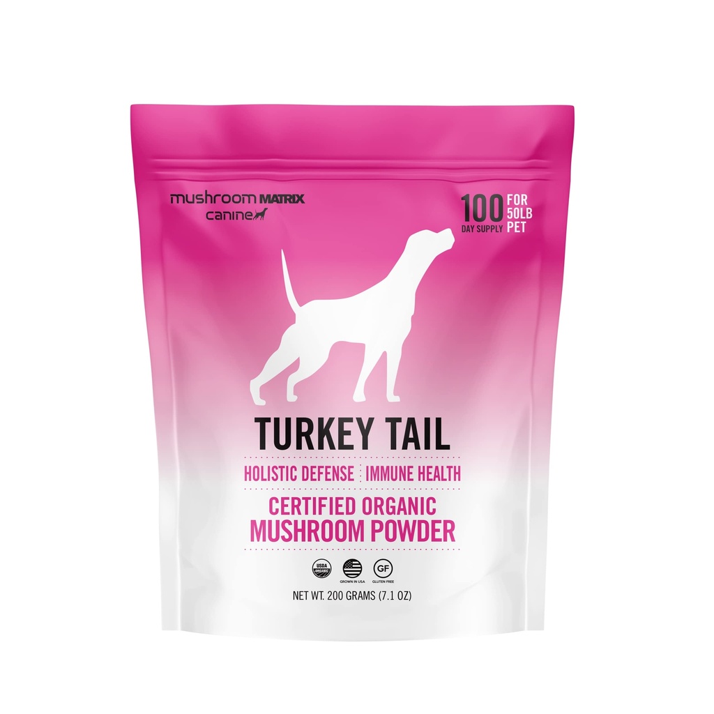 Om Mushroom Matrix Turkey Tail Mushroom Pet Supplement Powder, oferă suport pentru imunitate și apărare holistică pentru câini și pisici, 200 Grams, 7.1 oz