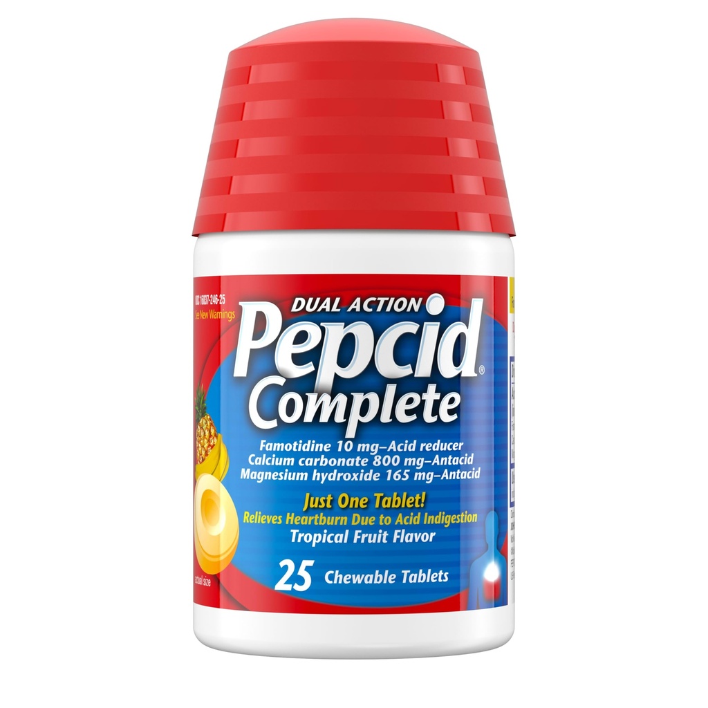 Pepcid Reductor complet de acid + Antiacid pentru Reflux acid, 10 mg Famotidină, 800 mg Carbonat de calciu & 165 mg Hidroxid de magneziu per comprimat de arsuri la stomac, Antiacid Chews, Fructe tropicale, 25 ct