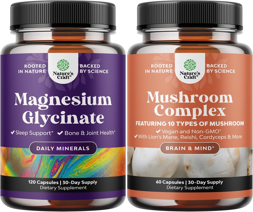 Bundle de magneziu Glycinate Capsule Minerale şi Nootropic Creier Focus ciuperci - Suport imunitar de sănătate osoasă Menod suport - 10X Mushroom Blend pentru echilibru zahăr şi mental focus