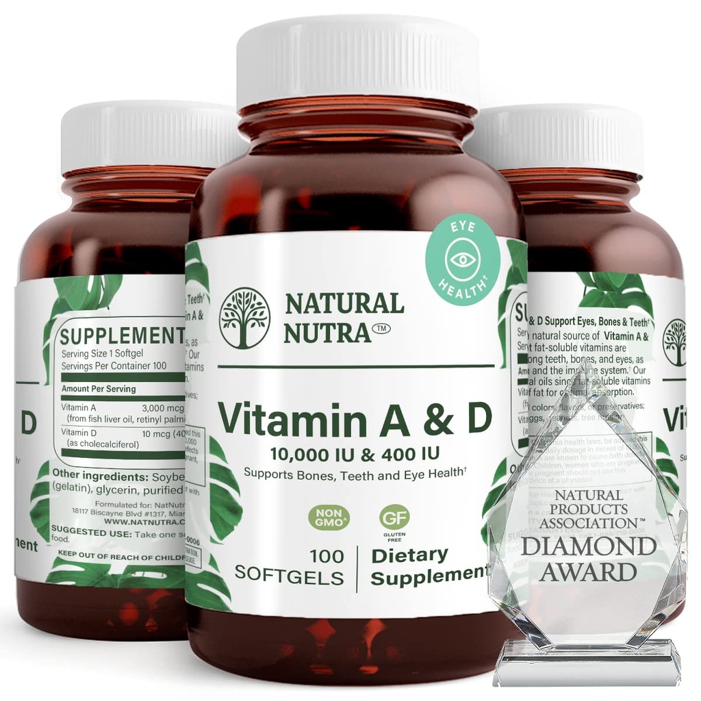 Natural Nutra Vitamina A și D, susține sănătatea osoasă și îmbunătățirea sănătății ochilor, promovează dinții puternici, îmbunătățește vitalitatea, sursă de ulei de ficat Cod, susține sănătatea generală, 10000UI/400UI, 100 Softgels