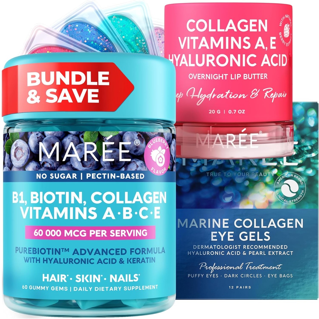 MAREE Bundle - Vitamina B1 Gummie tiamină, masca de buze, Geluri sub ochi - A, E, D, C Vitamine - Colagen & Acid hialuronic - Complex pentru piele, unghii, păr - masca pentru buze uscate - Geluri pentru ochi pufos