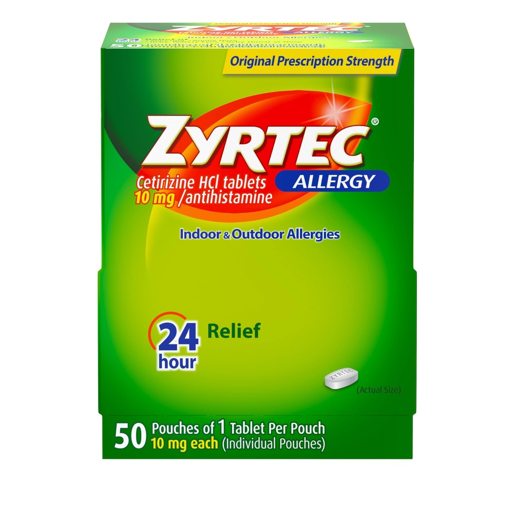Zyrtec 24 ore Alergice Relief Tablete, individuale înfăşurate în interior şi în exterior Alergie Medicină cu 10 mg Cetirizină HCl per comprimat antihistaminic, 1 comprimat per ambalaj, 50 ct Dispensit Pack