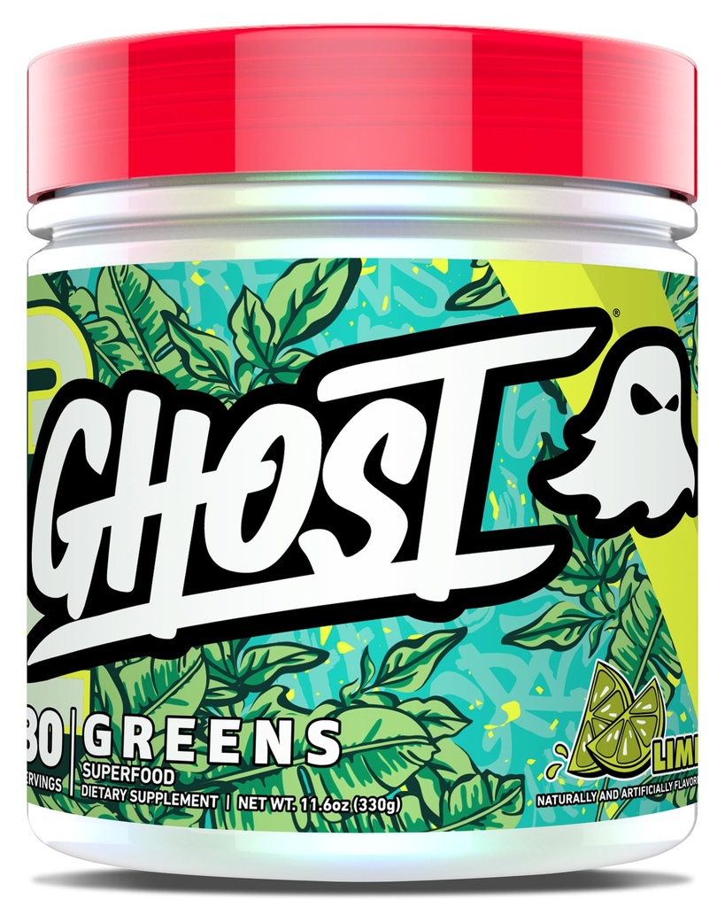 GHOST Greens Powder, Lime - 30 Servings - 19 Superfood Greens & Reds pulbere, fructe, legume, Spirulina, & Chlorella, Prebiotice, 10 miliarde CFU Enzime probiotice și digestive - Gluten-Free
