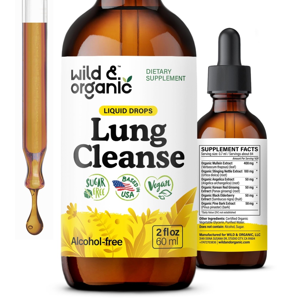 Wild & Organic Lung Cleanse Tincture - Mullein Leaf Extract pentru Plămâni - Herbal Detox Suplimente - Vegan, Drops Mullein fără zahăr și alcool - 2 fl oz