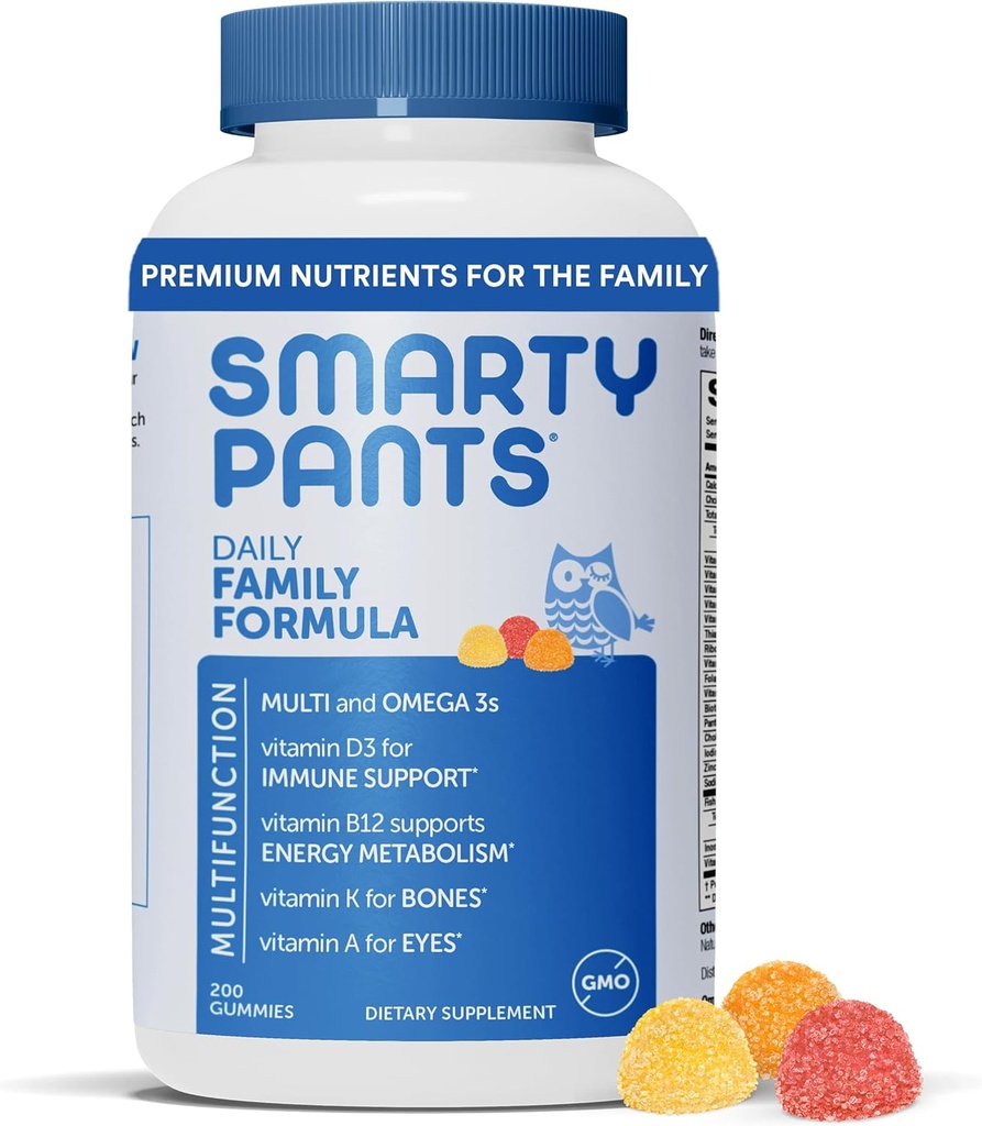 SmartyPants Multivitamine pentru bărbaţi, Femei şi copii: Vitamine Gumies cu ulei de peşte Omega 3 (EPA/DHA), metilfolat, vitamina D3, C, vitamina B12, B6, vitamina A, K & Zinc, 200 Conte (30 zile de aprovizionare)