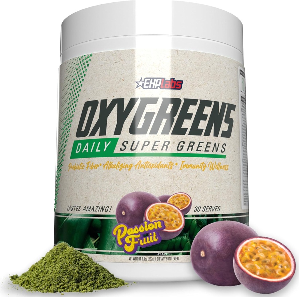 EHP Labs OxyGreens Super Greens Powder - Spirulina & Chlorella Superfood, Green Juice Powder & Greens Suplimente cu fibre prebiotice, Antioxidanti si suport pentru imunitate, 30 Serveste (Passionfruit)