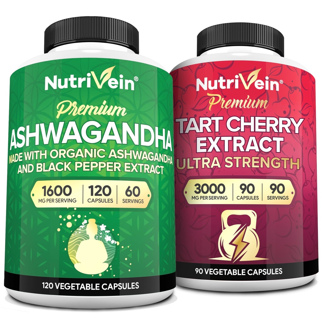 Nutrivein Premium Ashwagandha Capsule și capsule de cireșe Tart Bundle: extract de cireșe tartă de mare absorbție și suplimente Ashwagandha pentru recuperare, echilibru și vitalitate