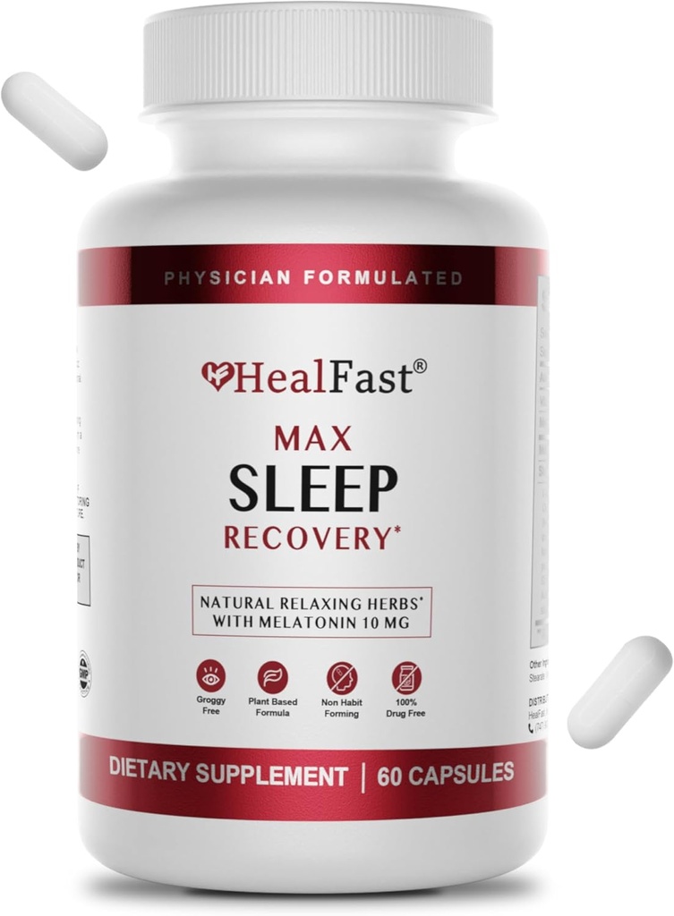 Medic HealFast Formulated Max Sleep Aid cu extra Putere Melatonină 10mg - Dissolvent rapid - Ajutoare naturale de somn pentru adulți - Melatonina pastile - Herbs, Aminoacids, și Melatonina - 60 Ct