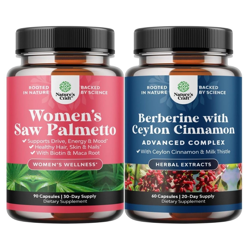 Bundle de putere suplimentara Saw Palmetto pentru femei și echilibru Berberine Plus 1200mg Complex - DHT Blocker îngroșarea vitamine de păr pentru pierderea părului - antioxidant Berberina cu capsule de scorțișoară ceylon