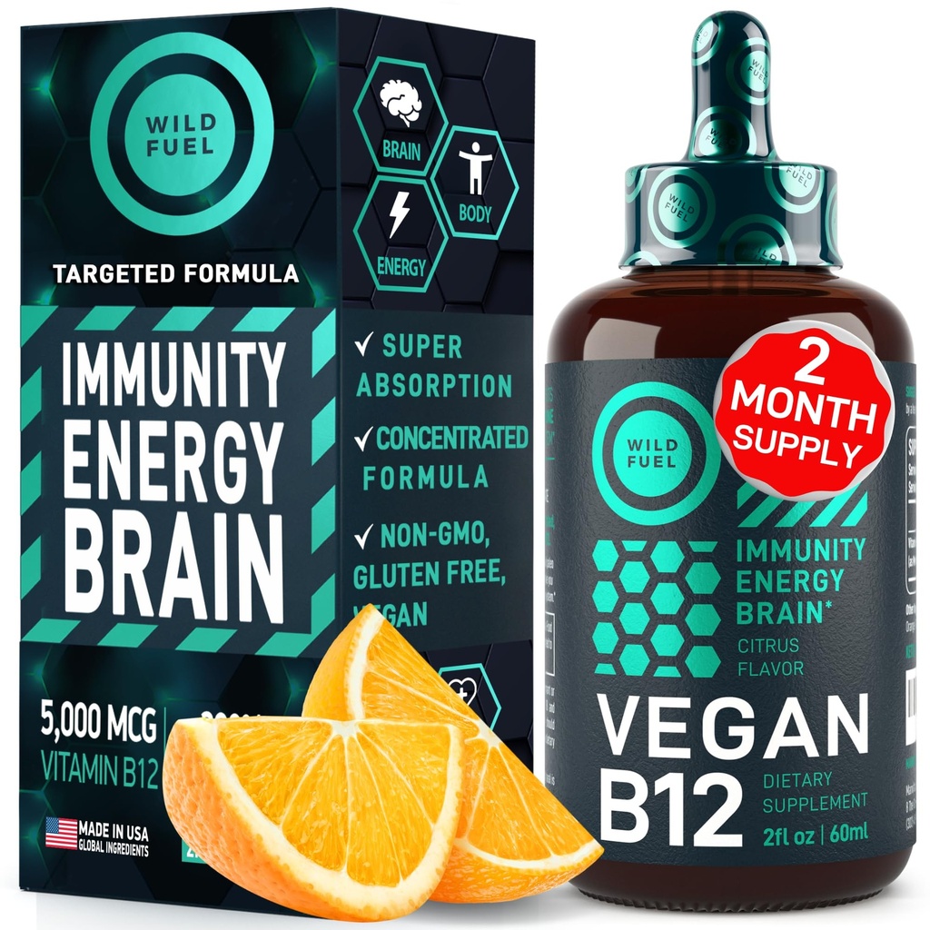 VEGAN Vitamina B12 Picături lichide - Fast-Acționare B12 Sublingual 5000 mcg Supliment metilcobalamină - Energie, Memorie și suport de mood - Putere mare One-Dropper pe zi - Aroma naturală Citrus - 2oz