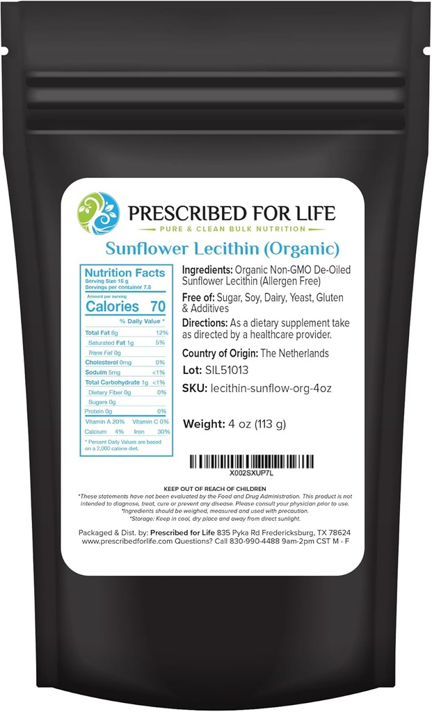 Prescribed For Life Organic Floarea-soarelui Pulbere de lecitină, Natural, Gluten Free, Vegan, Non OMG, Soy Free, Kosher, Lecithin Supplement Rich in Choline & Essential Fatty Acids (4oz / 113g)