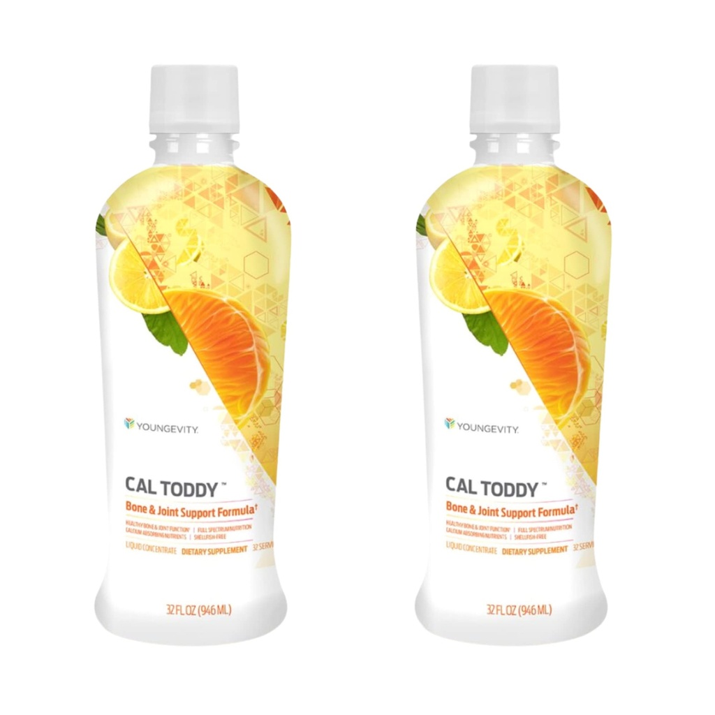Youngevity CAL Toddy - Calciu (Citrat, Fosfat) Magneziu 1200 mg/600 mg - Vitamine D-3, Zinc, Cupru, Potasiu, Bor și 70+ Trace Cofactori minerali - Sprijină sănătatea osoasă - 32 Fl Oz (Pachet de 2)
