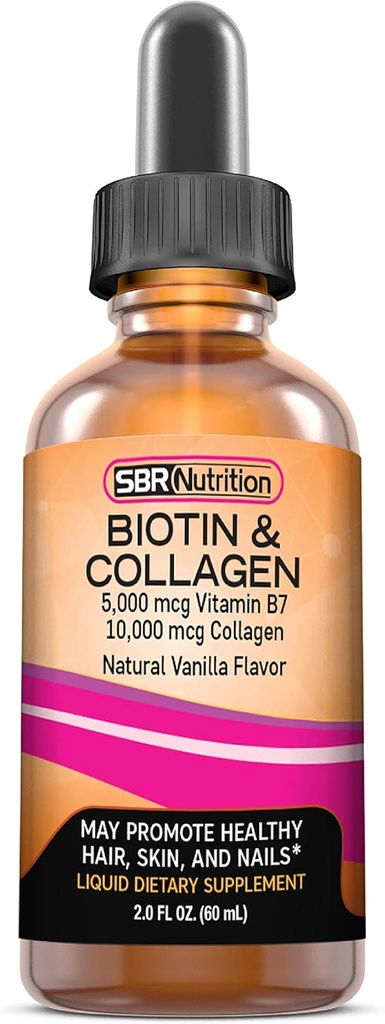 SBR Nutritie Biotina si Colagen Lichid zilnic Supliment alimentar, Vitamine pentru cresterea parului si ingrosare, Skin Health and Nail Force, 2 oz (60ml)