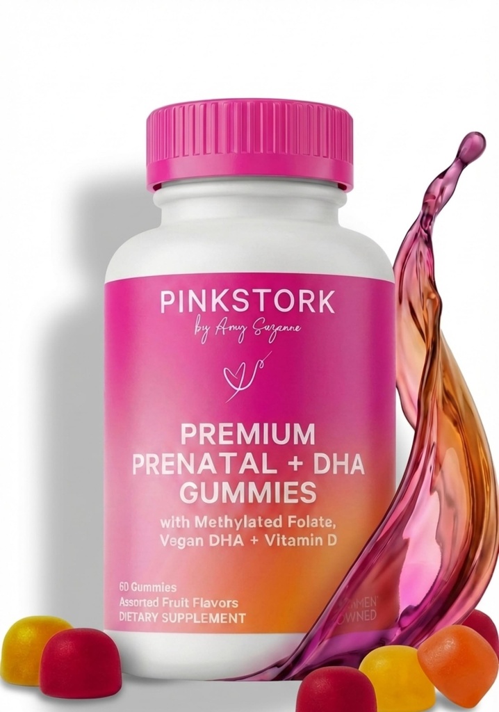 Roz Stork Premium Gummy Vitamine prenatale cu DHA, Folate, și vitamina D - Multivitamine și Nutrient Blend pentru Tube Neural și dezvoltarea creierului fetal - Sarcina trebuie să aibă - 60 Vegan Gummies