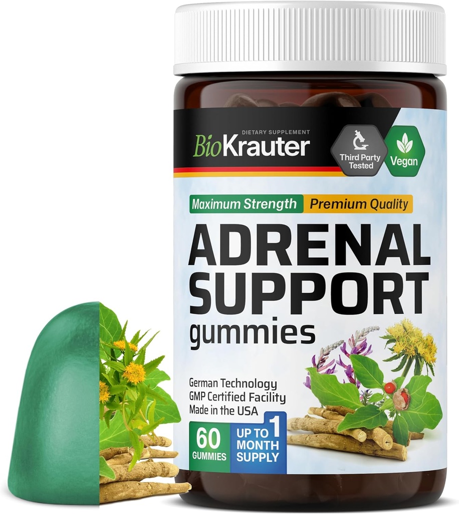 BIO KRAUTER de sprijin adrenal Gumies - 60 Chews - Rhodiola & Ashwagandha Gumies cu vitamine C, B6, B12 - Vegan Mood Supplement
