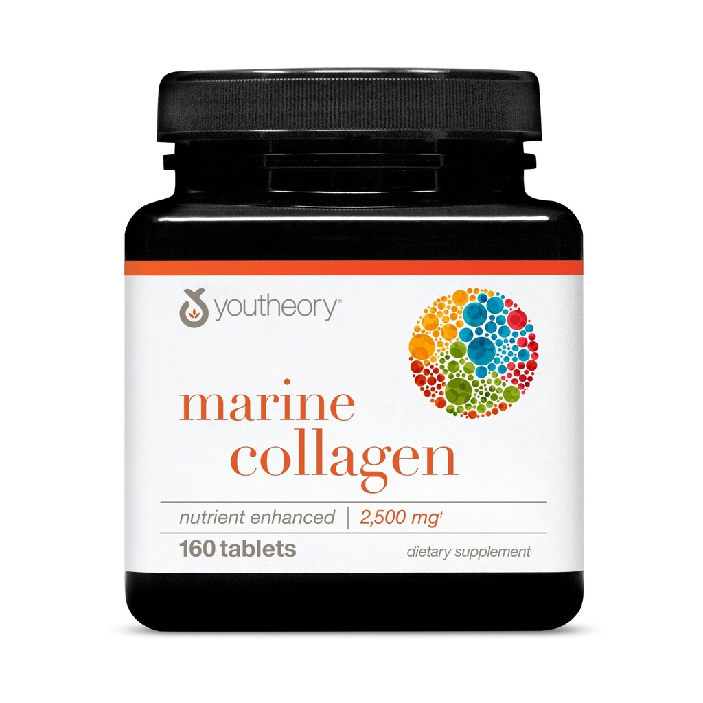 Youtheory Marine Collagen - 2500 mg - Suporturi comune, unghii, păr, piele, Bone & Muscle Health* - cu Aminoacids, Minerale & Vitamine C, A, E, B6 & B12-160 comprimate (32-Day Supply)