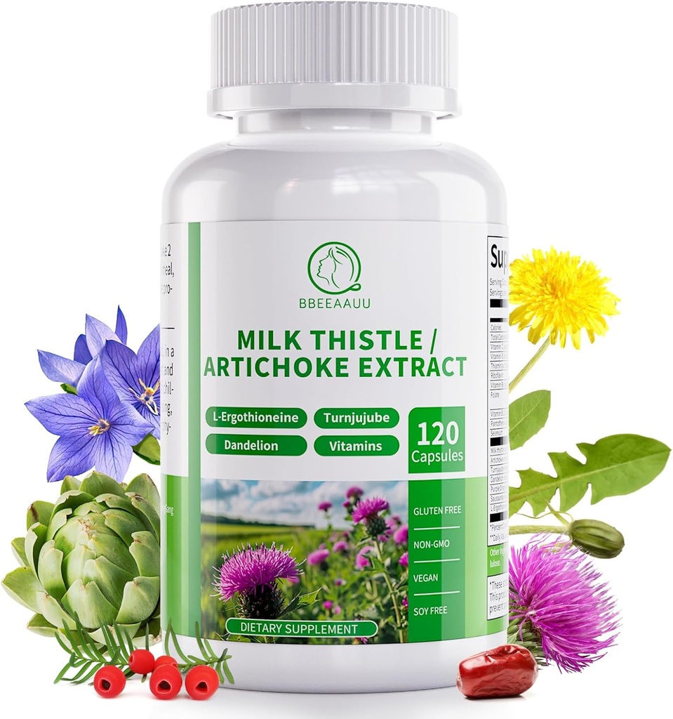 Milk Thistle Supliment, Liver Cleanse Detox & Reparatii Formula, 16-in-1 Herbal Liver Support Pilula cu Artichoke, L-Ergothioneina, Turnjube Dandelion Extract pentru ficat & Antioxidant 120 Capsule