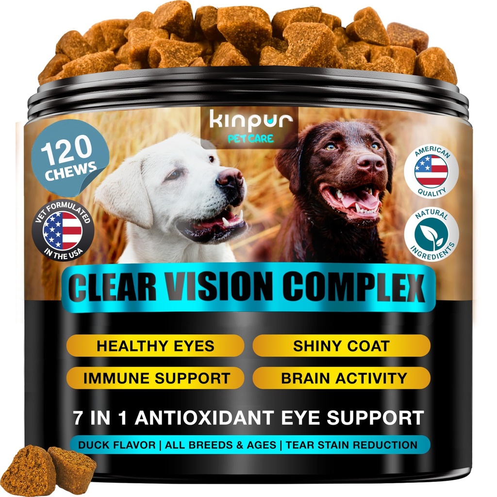 Vitamine ochi pentru câini - Dog Vision Supliment pentru Tear Stains, Dog Eye Care, Immune Support - Vitamina С, Morcov, Ulei de pește, Lutein - 180 Soft Chews cu aroma de rață - pentru toate Rasele și vârstele