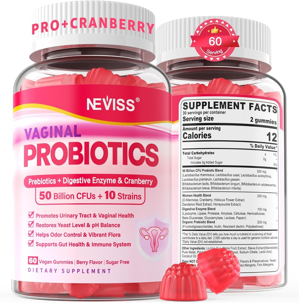 Probiotice vaginale Gume pentru femei PH echilibru, Odor de control cu prebiotice, Cranberry, D-Mannose, Promovează Feminine Vaginal Flora, tract urinar, Drojdie, Suport digestiv, Zahăr gratuit,120Cts