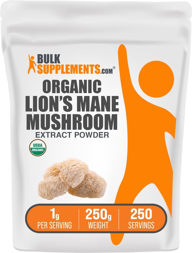 BulkSupplements.com Organic Lion's Mane Extract praf - Lions Mane Suplimentul pulbere, Superfood pentru Well-Being - Vegan, 1g per Serving, 250g (8,8 oz) (Pachet de 1)