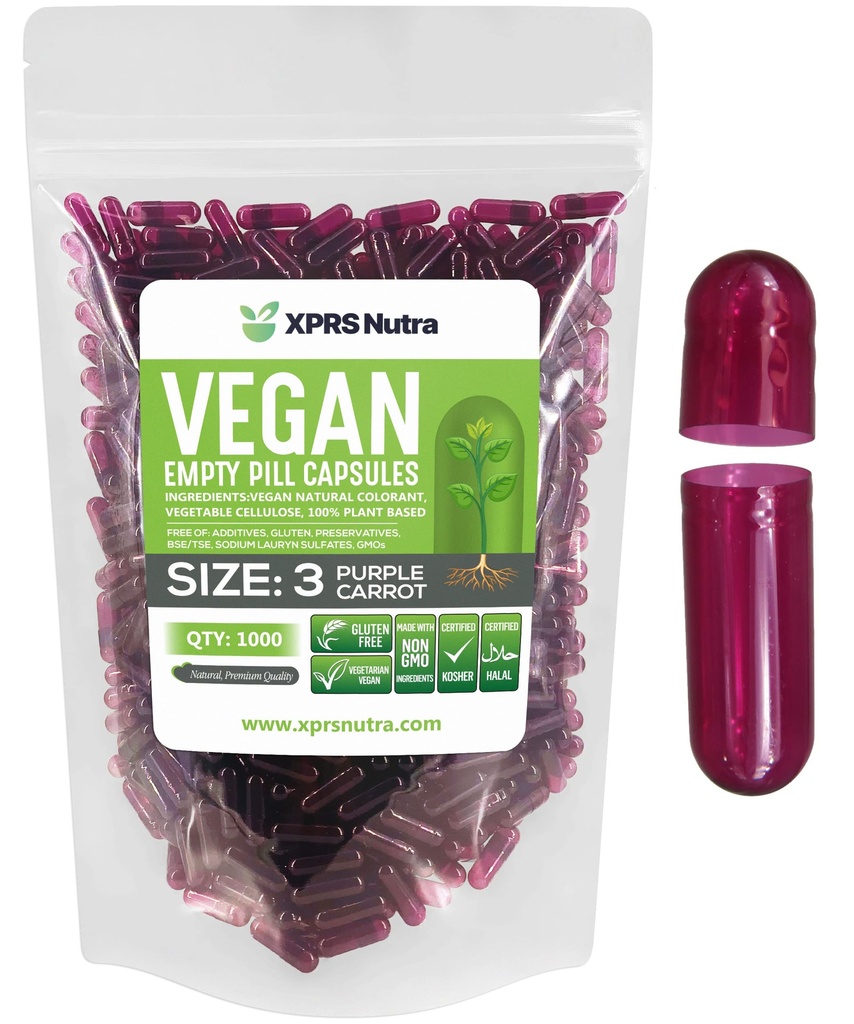 XPRS Nutra Dimensiune 3 Capsule goale - 1000 Conte gol Vegan - Pastile vegetariane - DIY Capsule vegetale de umplere - Veggie pastile Capse (Purple morcov)
