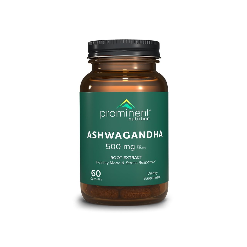 Nutriție proeminentă Ashwagandha Supliment - Cercetare clinică extract de rădăcină Shagandha pentru Mood sănătos și suport de stres, standardizate la 2,5% cutanolide, 500 mg, 60 capsule Vegan - 1 ambalaj