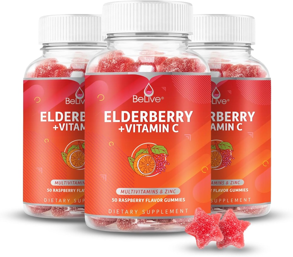 BeLive Elderberry Gummies cu zinc și vitamina C - Immune Supplement with Vitamina D, A, E, B12 - Gume pentru oase sănătoase & Teeth, Vegan, Keto & Non-GMO - Raspberry Flavor 