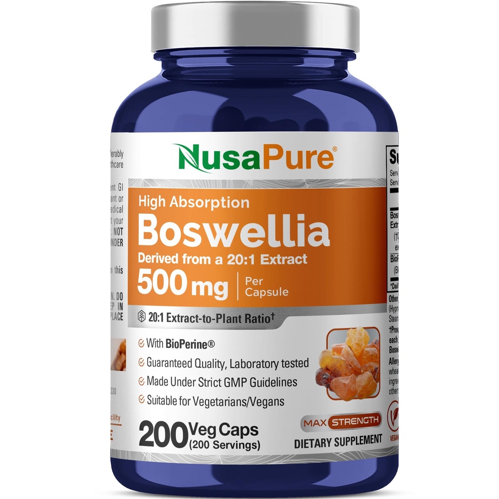 NusaPure Boswellia Serrata 10000 mg Per Veggie Caps 200 Count (Ext. 20:1, Non-GMO, Vegan, Bioperine) Ayurvedic Herb: Indian Olibanum, Frankincense