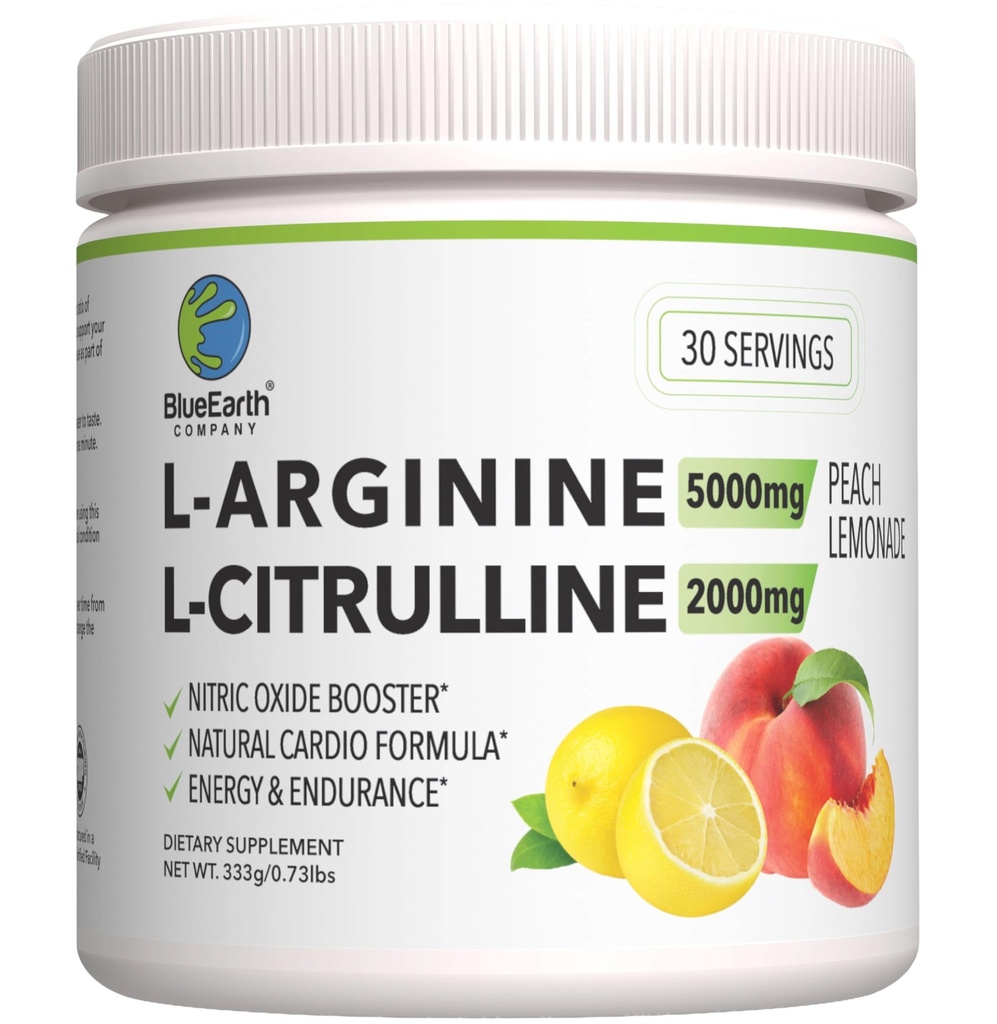 L-Arginină 5000mg + L-Citrulline 2000mg Suplimentul complex cu pulbere - Booster cu oxid de azot - Sănătatea inimii, fluxul de sânge, energie și rezistență - 30 Serviri (Lemonadă de piersici)