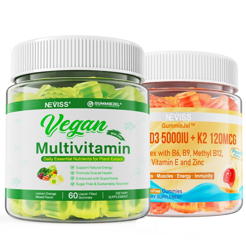 NEISS Vitamina D3 5000UI + K2 (MK-7) 120mcg cu multivitamine Vegane pentru Femei cu fier, vitamina B12, A, D3, K2, Algae Omega 3, Magneziu, Zinc