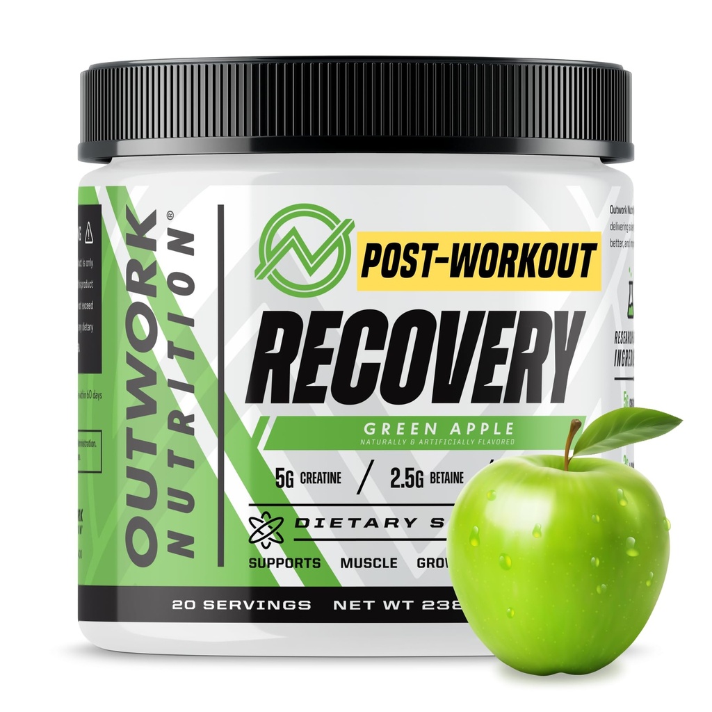 Nutriție în afara programului Post Workout Recovery Powder - Creatină Monohidrat, KSM-66 Ashwagandha & Tart Cherry - Viteză de recuperare, Eases Soreness - Creatine Powder pentru bărbați și femei, Green Apple, 240 Gr