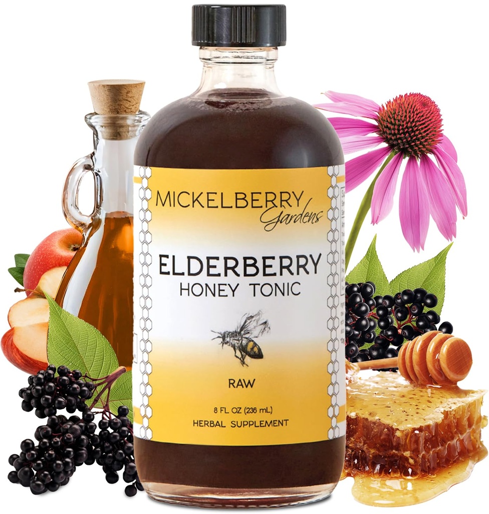 Mickelberry Gardens Elderberry Honey Tonic, Sambucus Syrup, Black Elderberry - Suport imun pentru adulți și copii (8 Ounces)