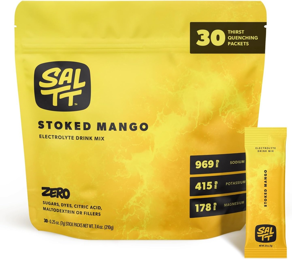 SOLTT Electroliţi pulbere amestec de băuturi aromate - Mango stoked - 30 Pachete de hidratare - Magneziu, Potasiu, Sodiu, Minerale Trace - Zero Zahăr & Gluten Free - Essentials călătorie