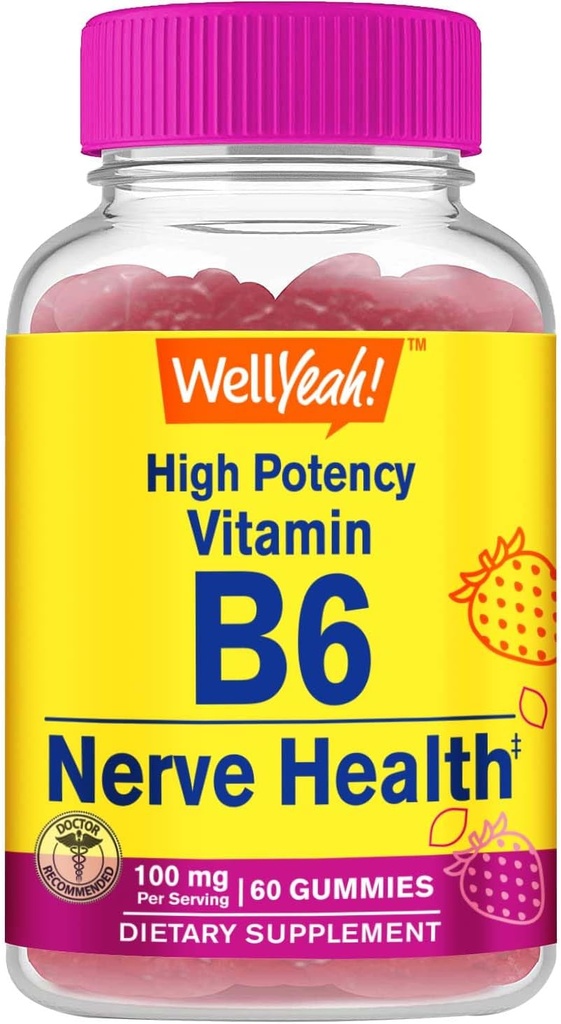 Ei bine, de mare potenta Vitamina B6 Gumiile - Promoveaza sanatate nervoasa, functie cognitiva, regulament de stare de spirit, suport imun si sanatate cardiovasculara - Vegan, non-GMO, Gluten-Free - 60 Conte