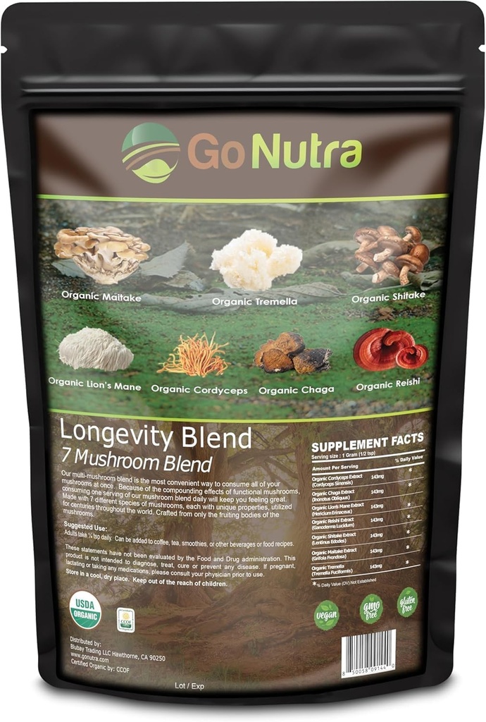 Go Nutra - Organic 7 Mushroom Supplement, Longevity Mushroom Powder cu Lion