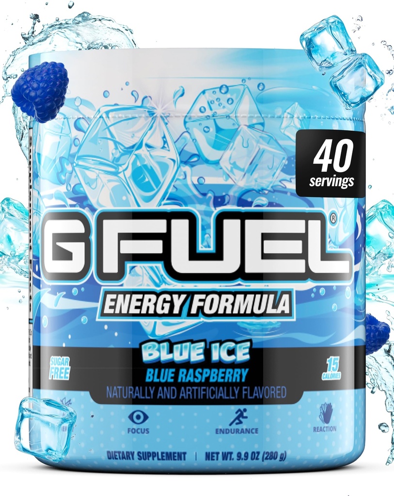 G Fuel Blue Ice Energy Drink Powder, Pre Workout Caffeine Mix pentru Gaming, Zahăr Free Focus Amino, Vitamină + Antioxidanți, 9,9oz (Blue Raspberry, 40 Servings)
