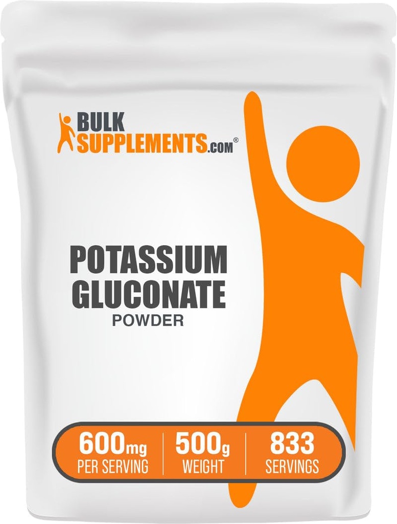 BulkSupplements.com Pudră de gluconat de potasiu - pentru suport de hidratare, Supliment mineral, Potasiu 99mg - Gluten gratuit, 600mg per Serving, 500g (1.1 lbs) (Pachet de 1)