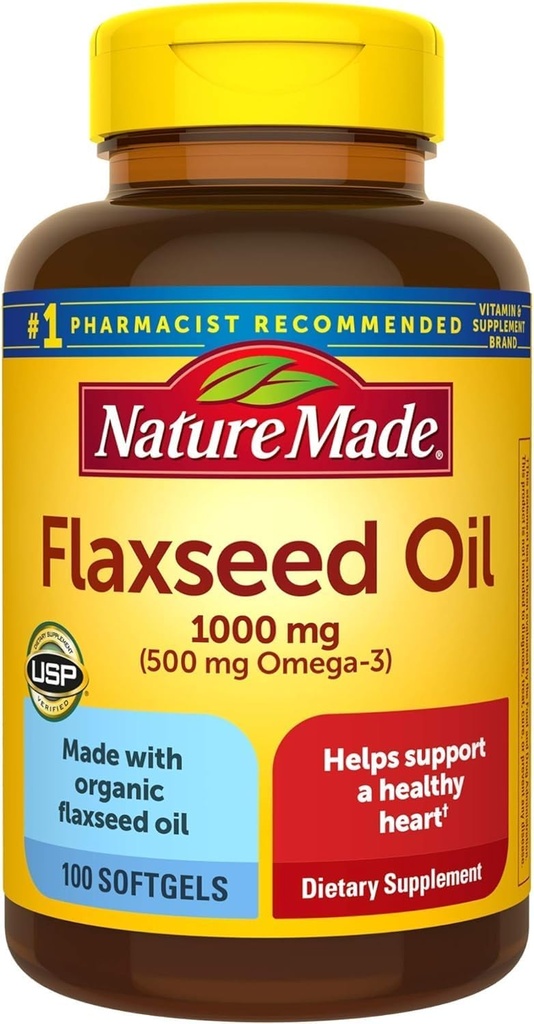 Nature Made Flaxseed Ulei 1000 mg, Fish Free Omega 3 Supliment, Supliment alimentar pentru Heart Health Support, 100 Softgels, 100 de zile de aprovizionare