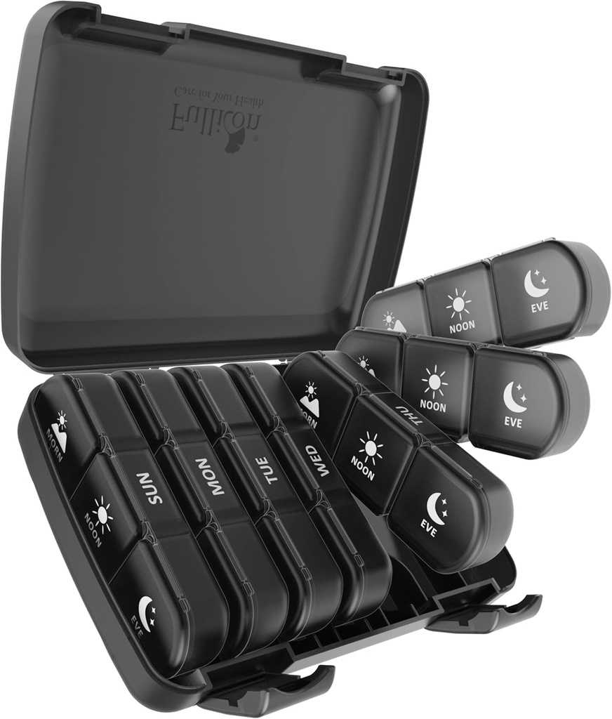 Pill Organizator de 3 ori pe zi, Fullicon mare săptămânal Pilula Caz 7 zi, Zilnic Pilula cutie cu 21 Compartimente, Pilula Dispenser Supliment Holder pentru pastile / Vitamin / ulei de pește - negru