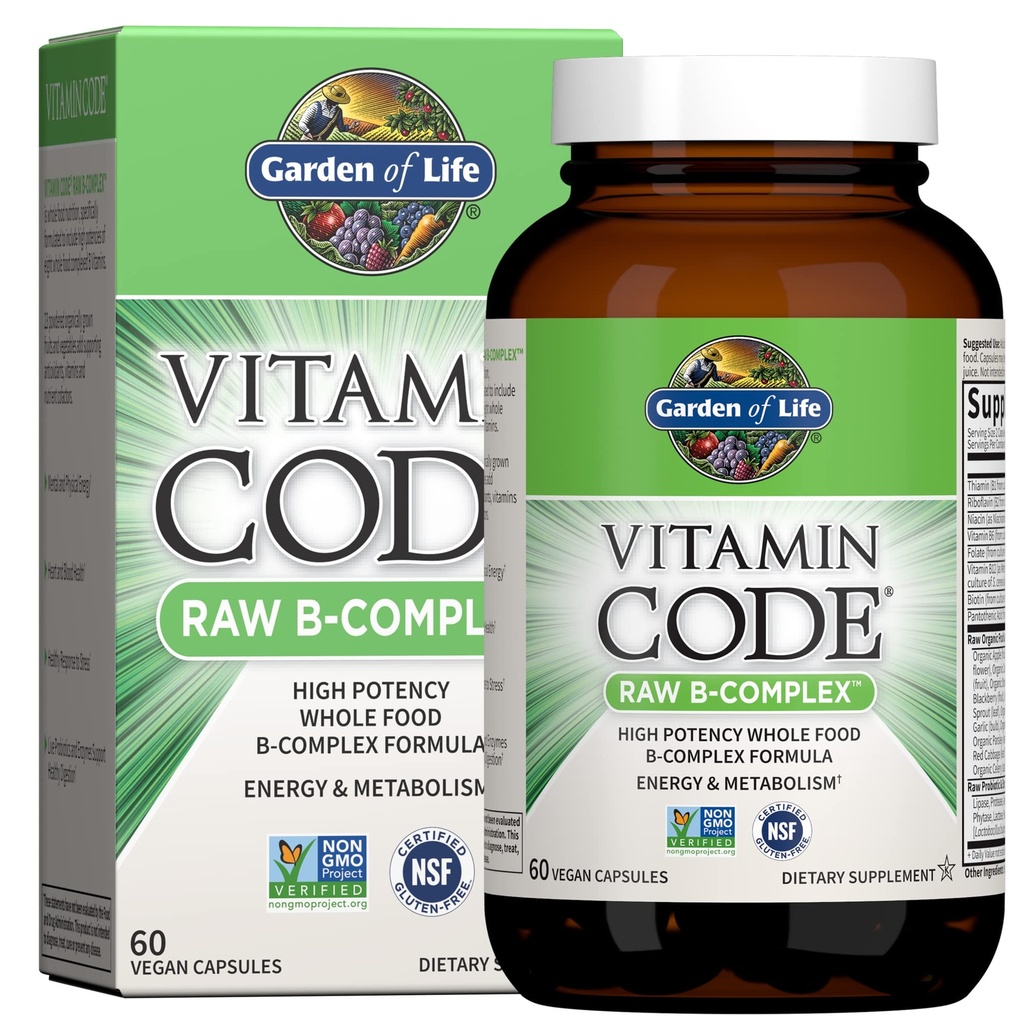Garden of Life Vitamin B Complex, 60 capsule Vegane, vitamine de mare potenta pentru energie si metabolism cu B6, Folate & B12 ca metilcobalamină Plus Probiotice