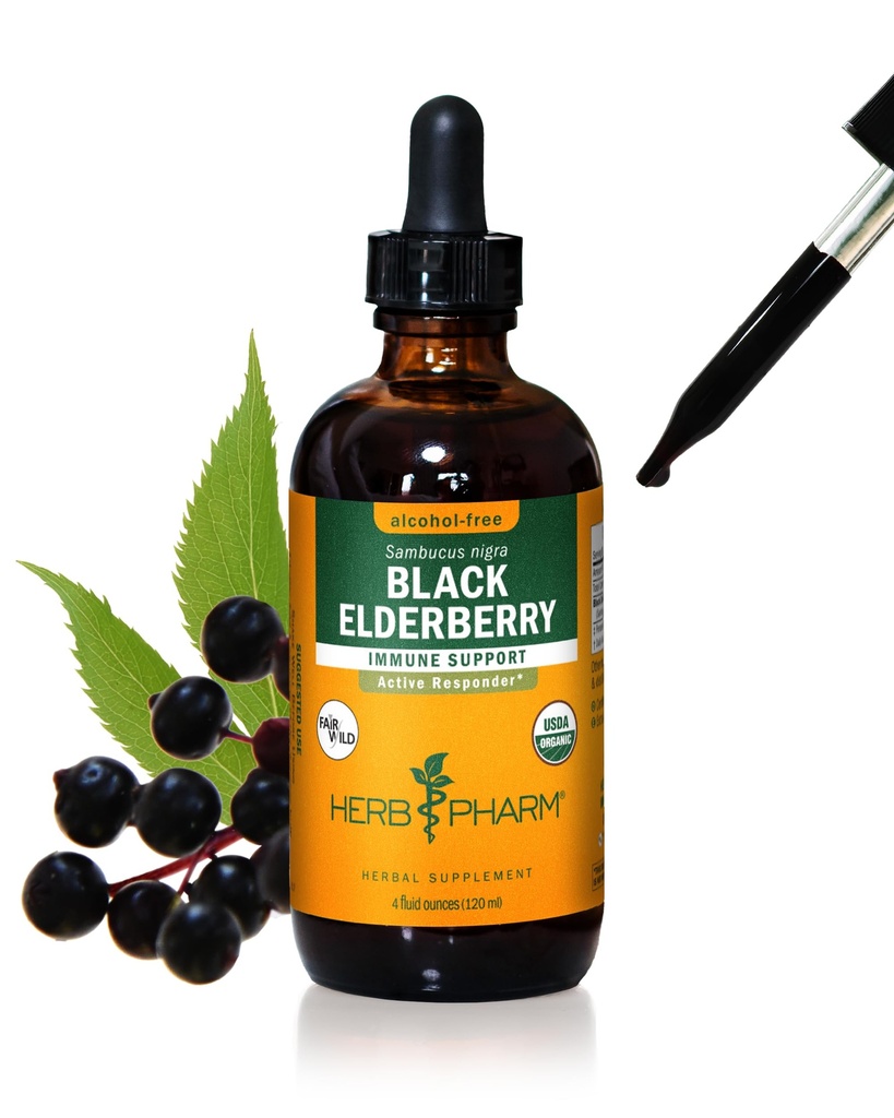 Herb Pharm Certified Organic Black Elderberry Liquid extract for Immune System Support, Alcool-Free Glicerite, 4 Ounce